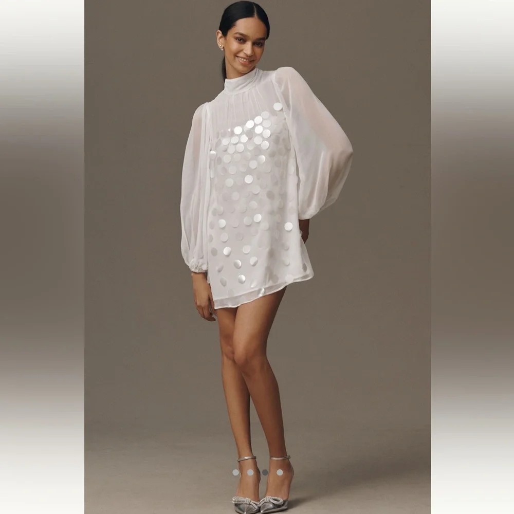 BHLDN White Sheer Long-Sleeve Mini Dress with Sequin Dots